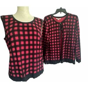 Christopher & Banks 2 pc Cardigan Sweater & Tank Red Black Plaid Size XL